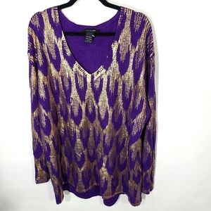 Ashley Stewart Women's Size 22/24 Sweater Purple with Metallic‎ Gold Designs Fun
